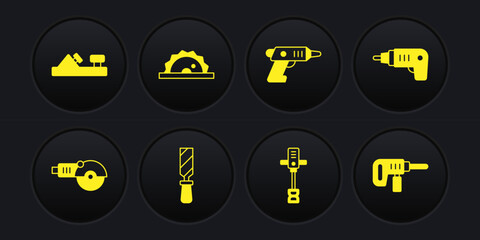Set Angle grinder, Electric cordless screwdriver, Rasp metal file, Electrical hand concrete mixer, circular saw, drill machine and Wood plane tool icon. Vector