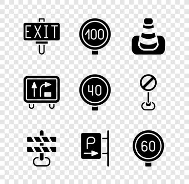 Set Fire exit, Speed limit traffic, Traffic cone, Road barrier, Parking, sign and icon. Vector