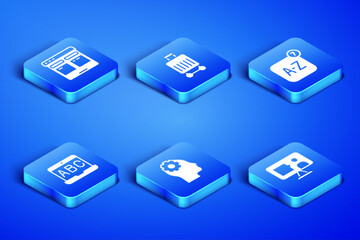 Set Foreign language online study, Online translator, Head with gear inside, Suitcase and icon. Vector