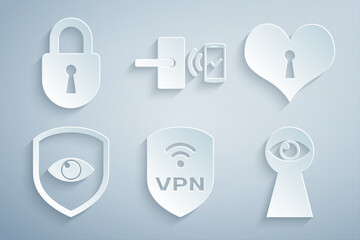 Set Shield with VPN wireless, Heart keyhole, and eye, Keyhole, Digital door lock and Lock icon. Vector