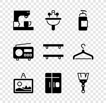 Set Coffee machine, Washbasin, Antibacterial soap, Picture, Refrigerator, Paint brush, Radio and Empty wooden shelves icon. Vector