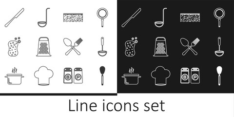 Set line Kitchen whisk, ladle, Sponge with bubbles, Grater, Knife, Crossed fork and spoon and icon. Vector