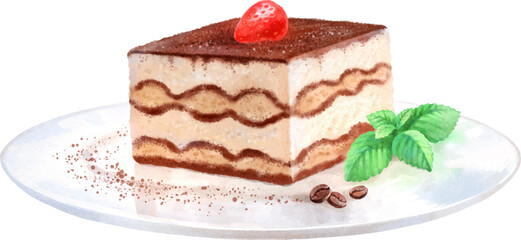 Watercolor illustration of Tiramisu dessert on plate