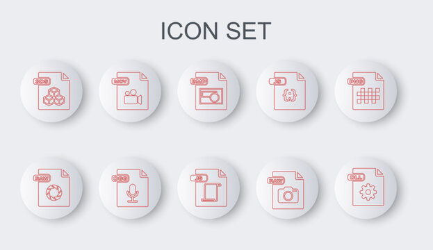 Set line DLL file document, RAW, BMP, 3DS, MOV, OGG and JS icon. Vector
