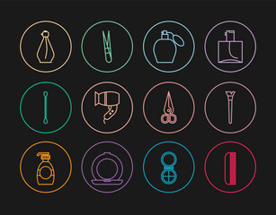 Set line Hairbrush, Makeup, Perfume, dryer, Cotton swab for ears, Scissors and Eyebrow tweezers icon. Vector
