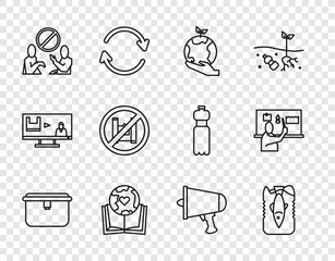 Set line Lunch box, Stop ocean plastic pollution, Hand holding Earth globe, book, Say no bags poster, Spread the word, megaphone and icon. Vector