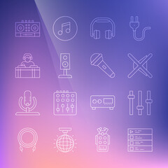 Set line Music playlist, equalizer, Speaker mute, Headphones, Stereo speaker, DJ playing music, remote and mixing and Microphone icon. Vector