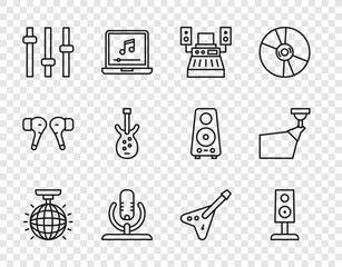 Set line Disco ball, Stereo speaker, Music recording studio, Microphone, equalizer, Electric bass guitar, and Movie spotlight icon. Vector
