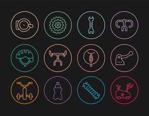 Set line Stationary bicycle, Bicycle brake, Wrench spanner, handlebar, helmet, bell, and cassette icon. Vector