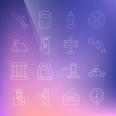 Set line Peace, Police car and flasher, Hooligan shooting stones, Paint spray can, Fire extinguisher, Protest camp, rubber baton and Scales of justice icon. Vector