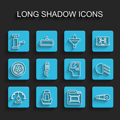 Set line Speedometer, Car seat, air pump, Canister for motor oil, Timing belt kit, muffler, High beam and door icon. Vector