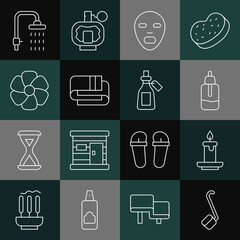 Set line Sauna ladle, Aroma candle, Essential oil bottle, Facial cosmetic mask, Towel stack, Flower, Shower and icon. Vector