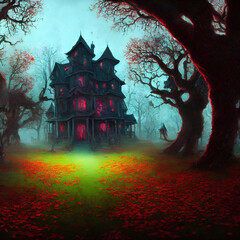 An Illustration of an old haunted house with light in its windows surrounded by trees in a dark forest