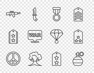 Set line Peace, Hand grenade, Military reward medal, Nuclear explosion, M16A1 rifle, The word, rank and icon. Vector