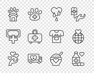 Set line Heart in hand, Medicine bottle pills, Blood donation, Humanitarian truck, Animal shelter house, First aid kit, Donation food and Hand holding Earth globe icon. Vector