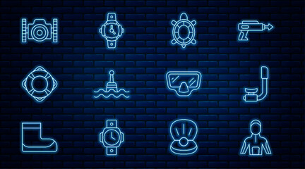 Set line Wetsuit for scuba diving, Snorkel, Turtle, Floating buoy, Lifebuoy, Photo camera diver, Diving mask and watch icon. Vector