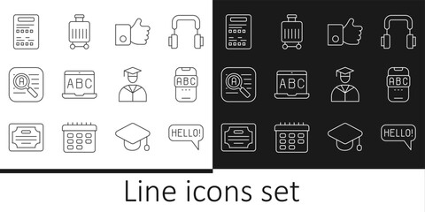 Set line Hello in different languages, Foreign online study, Hand like, Translator, Exam sheet, Graduate graduation cap and Suitcase icon. Vector
