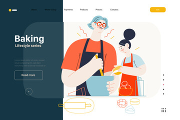 Lifestyle web template -Baking -modern flat vector illustration of a man and a girl wearing aprons making dough baking cookies. The girl is pouring some milk into mixture. People activities concept
