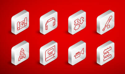 Set line Toy building block bricks, Headphones, Puzzle pieces toy, Baseball bat with ball, Trumpet, Pirate treasure map, Book and Rocket ship icon. Vector