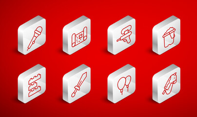 Set line Toy horse, Pirate treasure map, Water gun, Sand in bucket, Balloons, Microphone, Sword toy and building block bricks icon. Vector