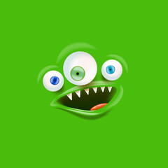 Vector funny green monster face with open mouth with fangs and eyes isolated on green background. Halloween cute and funky monster design template for poster, banner and tee print