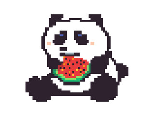 Fototapeta premium Isolated pixel art (8 bit blocks): a cute panda eating a slice of red ripe watermelon. Funny illustration. 