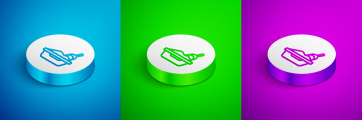 Isometric line Cat litter tray with shovel icon isolated on blue, green and purple background. Sandbox cat with shovel. White circle button. Vector