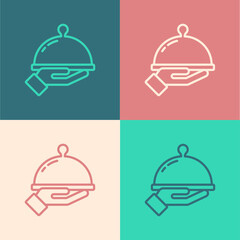 Pop art line Covered with a tray of food icon isolated on color background. Tray and lid sign. Restaurant cloche with lid. Vector