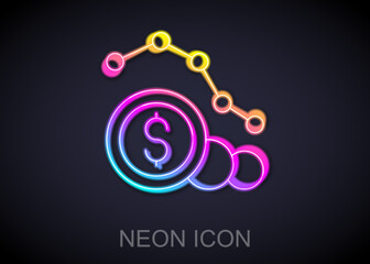 Glowing neon line Dollar rate decrease icon isolated on black background. Cost reduction. Money symbol with down arrow. Business lost crisis decrease. Vector