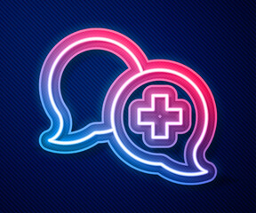 Fototapeta premium Glowing neon line Dialogue with the doctor icon isolated on blue background. Doctor and patient dialog. Consulting about medical health services. Vector