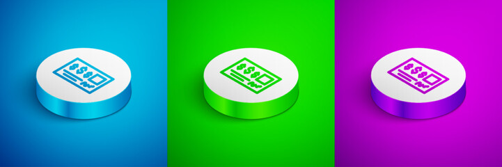 Isometric line Blank template of the bank check and pen icon isolated on blue, green and purple background. Checkbook cheque page with empty fields to fill. White circle button. Vector