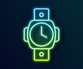 Glowing neon line Diving watch icon isolated on black background. Diving underwater equipment. Vector