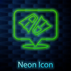 Glowing neon line Rubber flippers for swimming icon isolated on brick wall background. Diving equipment. Extreme sport. Diving underwater equipment. Vector