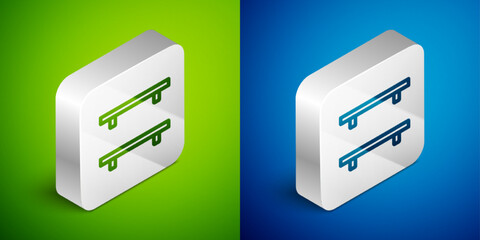 Isometric line Empty wooden shelves icon isolated on green and blue background. Silver square button. Vector