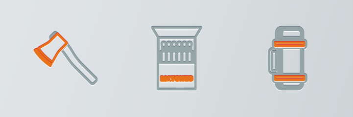 Set line Thermos container, Wooden axe and Open matchbox and matches icon. Vector