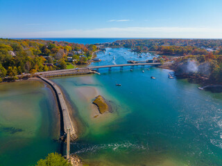 York River Bridge over York River aerial view in fall and Wiggly Bridge at Barrell Mill Pond Dam...