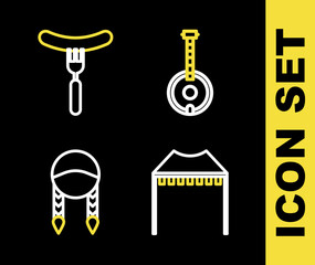 Set line Banjo, Camping tent, Braid and Sausage on the fork icon. Vector