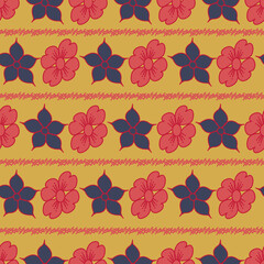 Gold background and orange and navy oriental flowers seamless pattern background.  Perfect for fabric, scrapbooking, quilting, wallpaper and many more projects.