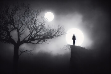 A man stands in the darkness, silhouetted by the light of the full moon. He's surrounded by a mysterious, scary atmosphere.
