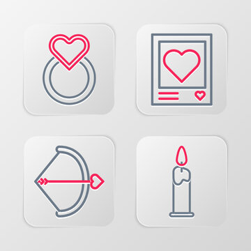 Set line Burning candle, Bow arrow, Photo frames hearts and Wedding rings icon. Vector