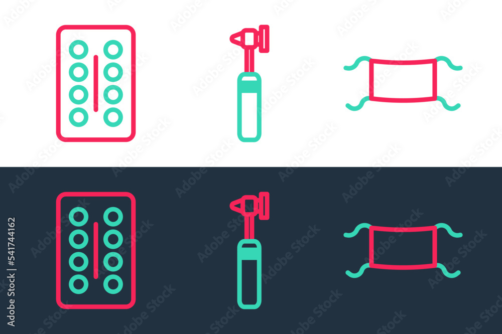 Sticker Set line Medical protective mask, Pills in blister pack and otoscope tool icon. Vector