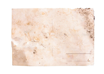 Isolated back side of an old postcard, almost destroyed, worn and faded, with lots of blank space to fill with your content.
