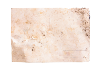 Isolated back side of an old postcard, almost destroyed, worn and faded, with lots of blank space to fill with your content.
