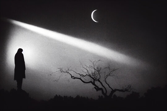 There is a silhouette of a man in the night. He is isolated in the light of the full moon, next to a dead tree. The atmosphere is mysterious and terrifying.