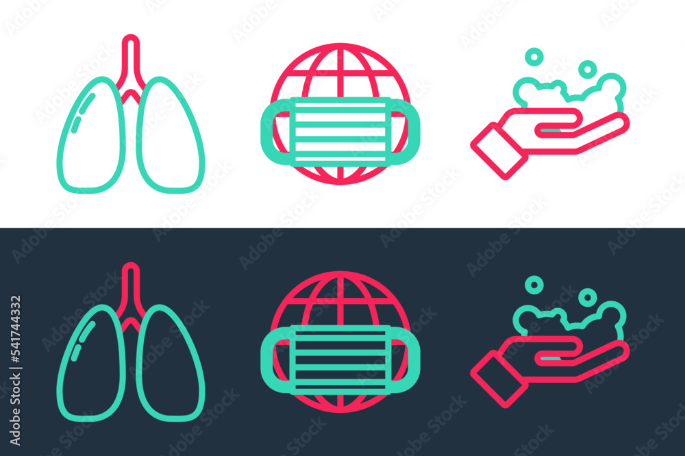 Sticker Set line Washing hands with soap, Lungs and Earth medical mask icon. Vector