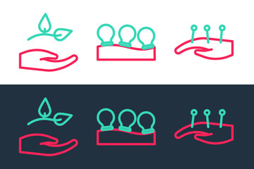Set line Acupuncture therapy, Leaf in hand and Vacuum cans icon. Vector
