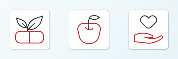 Set line Heart in hand, Medical pill with plant and Apple icon. Vector
