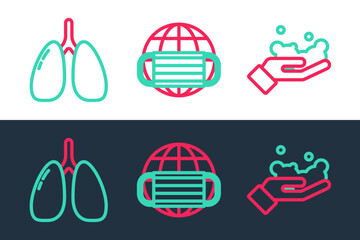Set line Washing hands with soap, Lungs and Earth medical mask icon. Vector