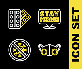 Set line Stay home, Medical protective mask, Stop virus and Pills in blister pack icon. Vector