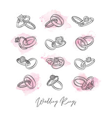 Wedding and engagement ring drawing in vintage graphic style with pink blots on white background